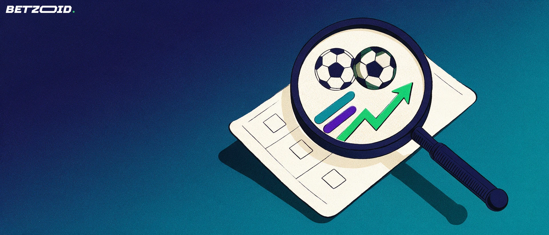 Illustration of a magnifying glass inspecting a blank betting slip with football, basketball and upward arrow icons.