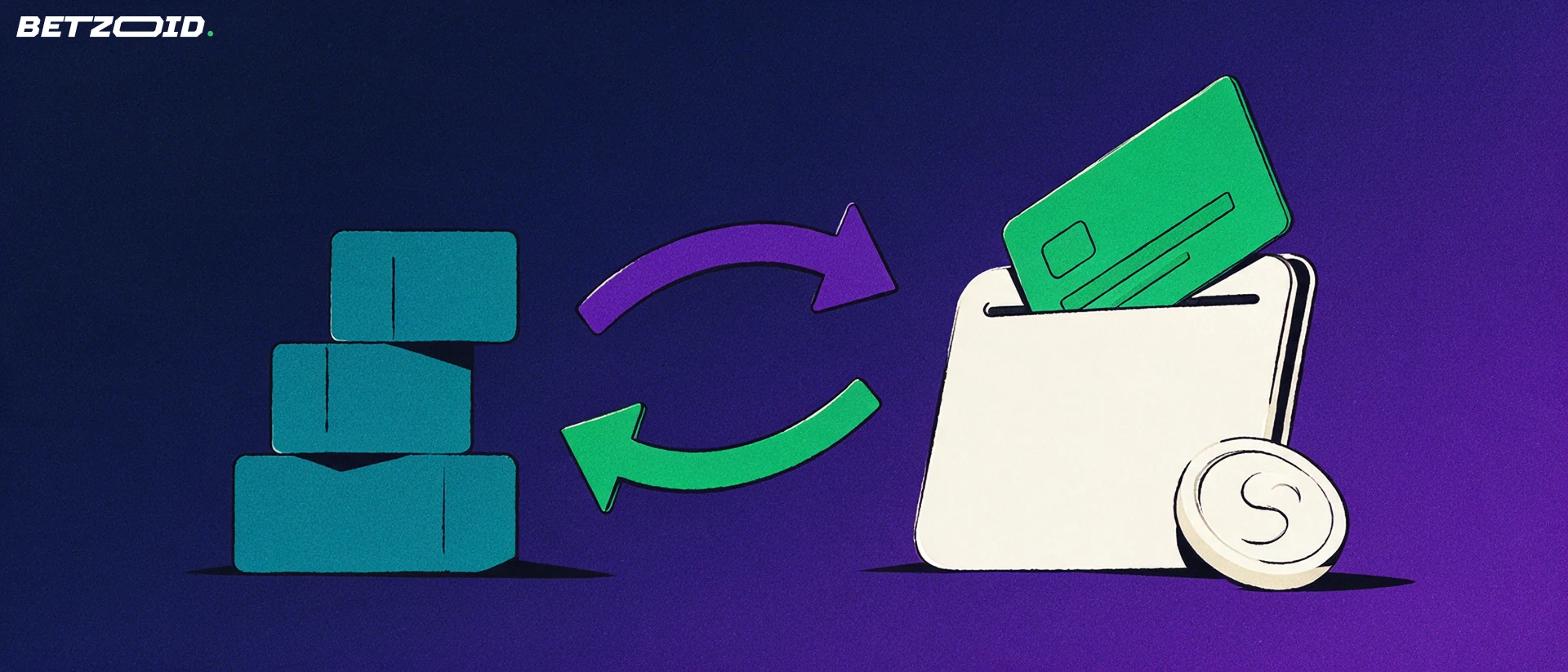 Illustration of a wallet with a plain payment card and curved two-way arrows linking it to a simple bank building.