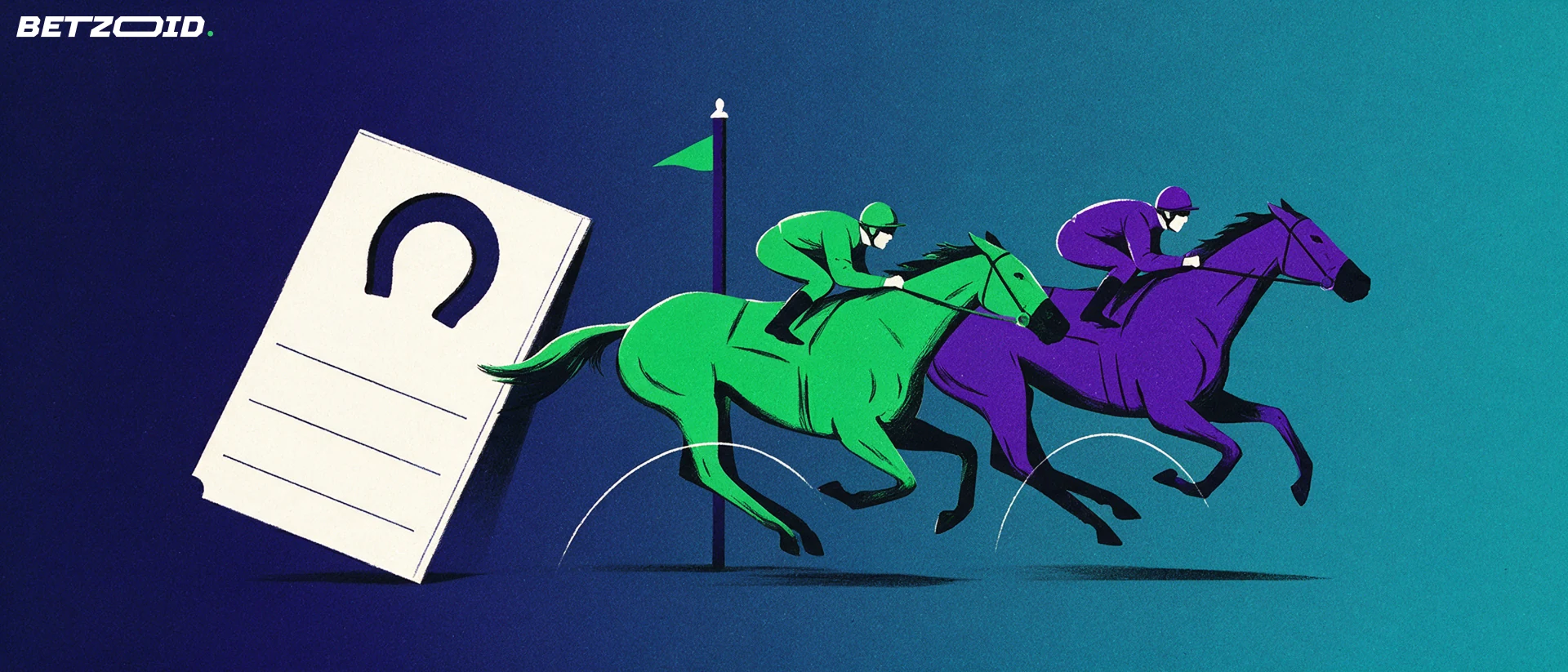 Illustration of two racehorses with jockeys galloping past a finish post beside an oversized tote betting ticket marked with a horseshoe