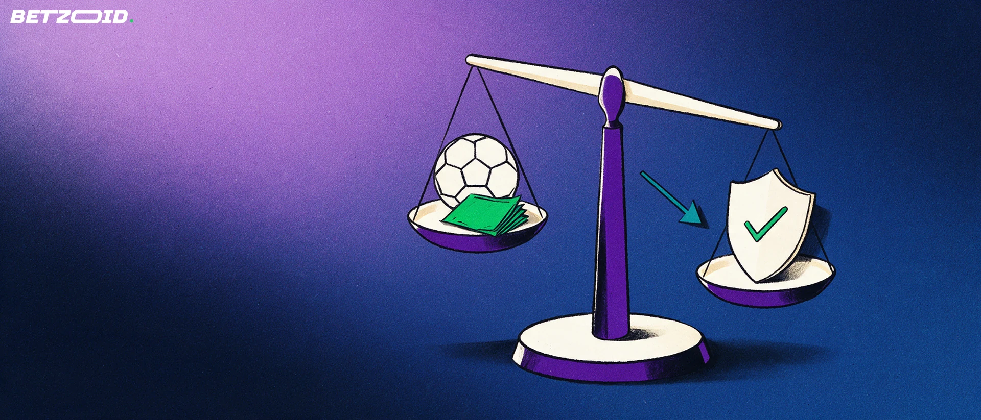 Illustration of a balance scale weighing a soccer ball and betting ticket against a shield with a checkmark