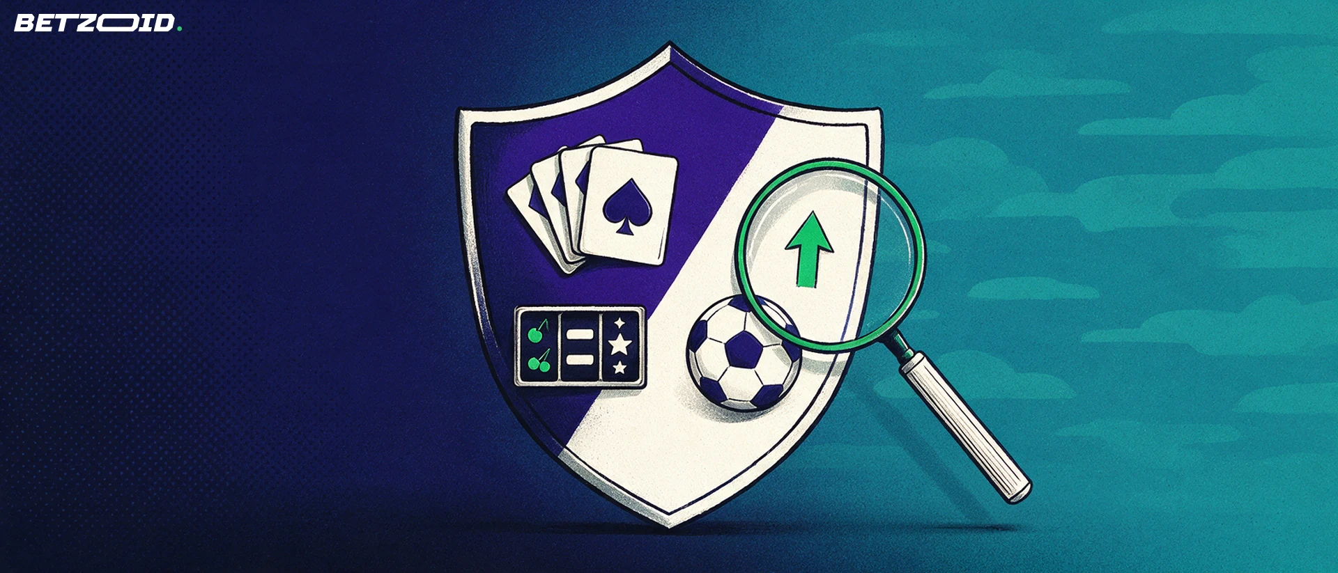 Illustration of a shield emblem split between casino card and slot symbols and a soccer ball, examined through a magnifying glass