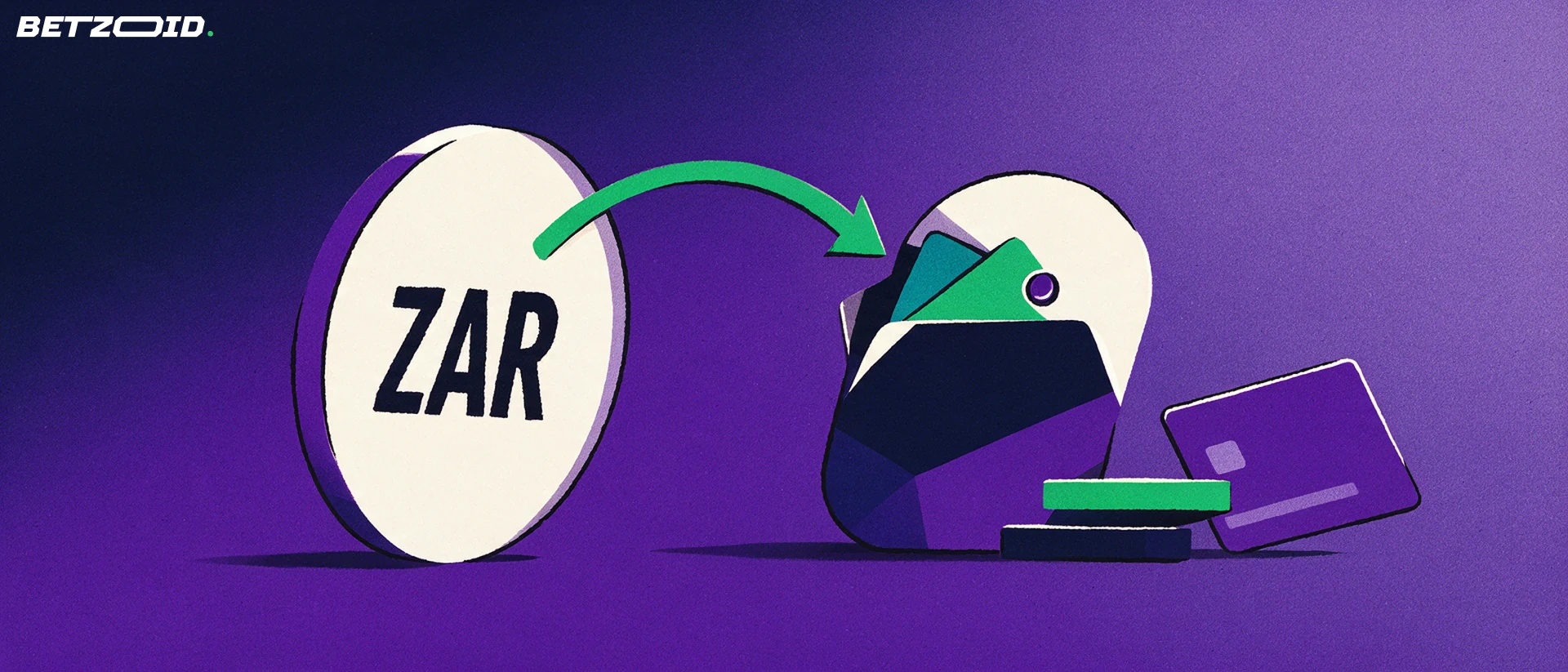 Illustration of a large coin marked ZAR with a green arrow curving into an open wallet beside casino chips and a bank card