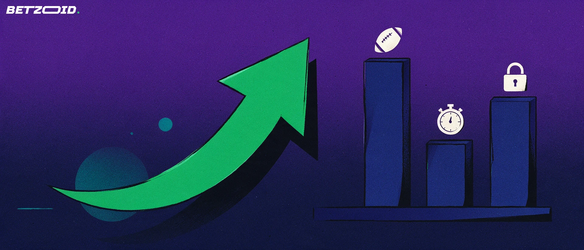Illustration of three rating bars topped with football, stopwatch and padlock icons beside a rising green arrow