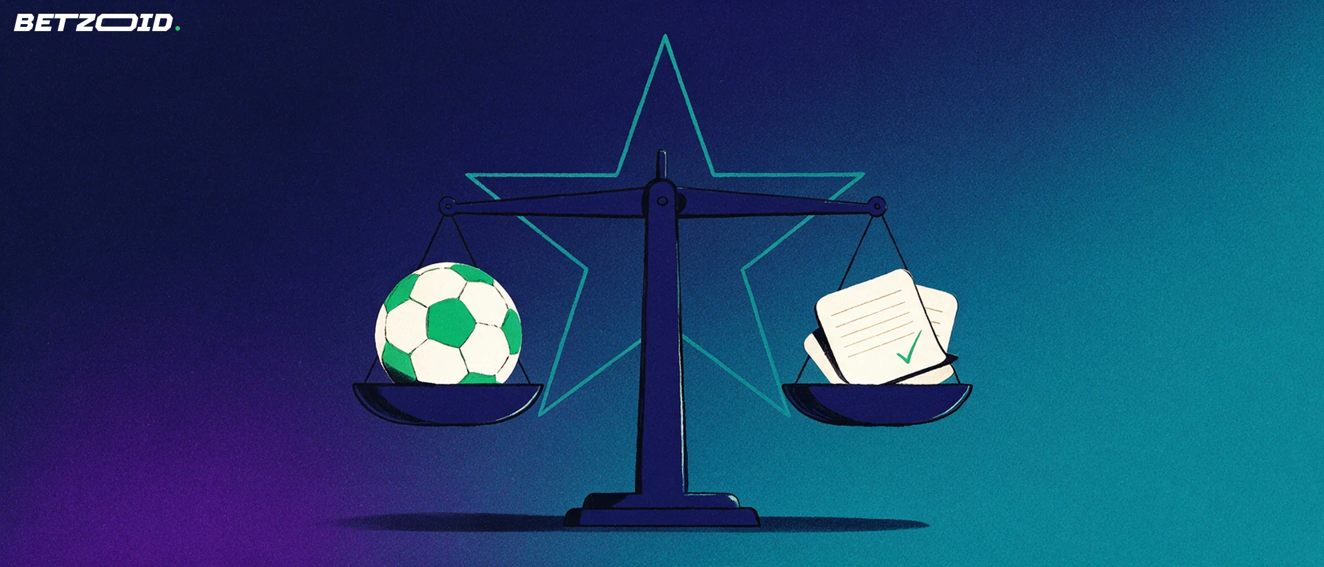 Illustration of a balance scale weighing a football against a stack of betting slips, with a star outline behind it