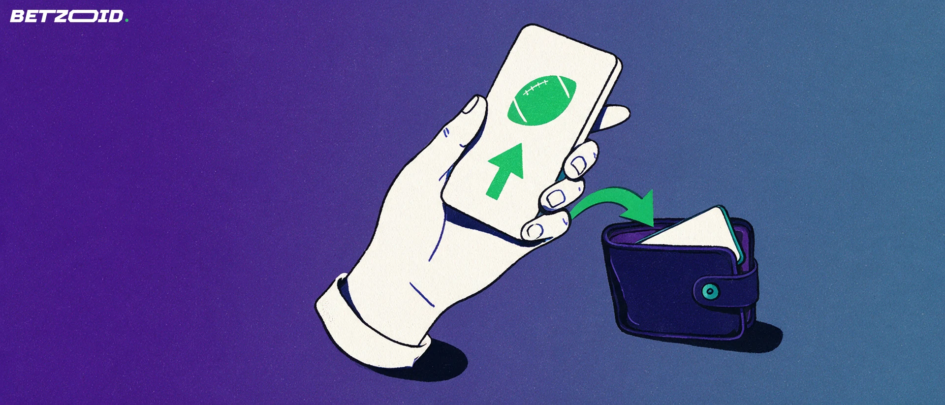 Illustration of a hand holding a phone showing a football and arrow symbol, with a curved arrow flowing into an open wallet