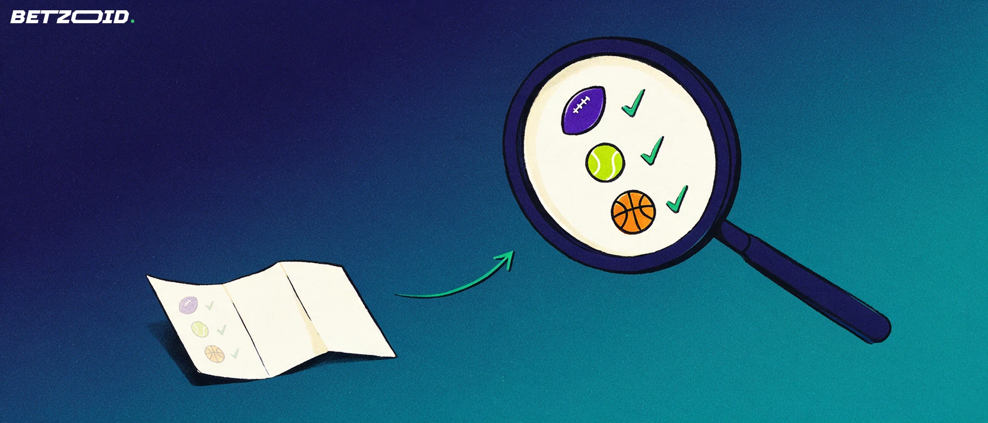 Ilustración de una lupa que examina un boletín de apuestas con iconos de fútbol, tenis y baloncesto marcados con visto bueno.