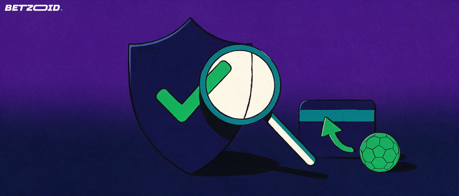 Ilustración de una lupa que examina un escudo con una marca de verificación, junto a una tarjeta de pago con una flecha y un pequeño balón de fútbol.