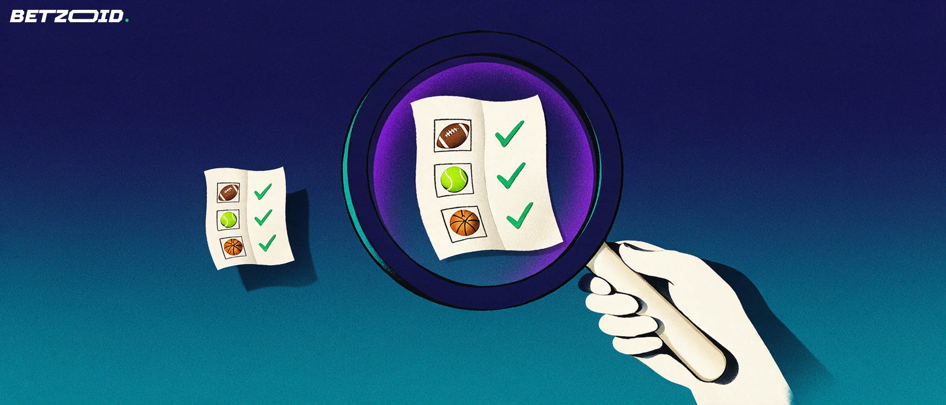 Ilustración de una gran lupa que amplía un boletín de apuestas con iconos de fútbol, tenis y baloncesto marcados con visto bueno verde.