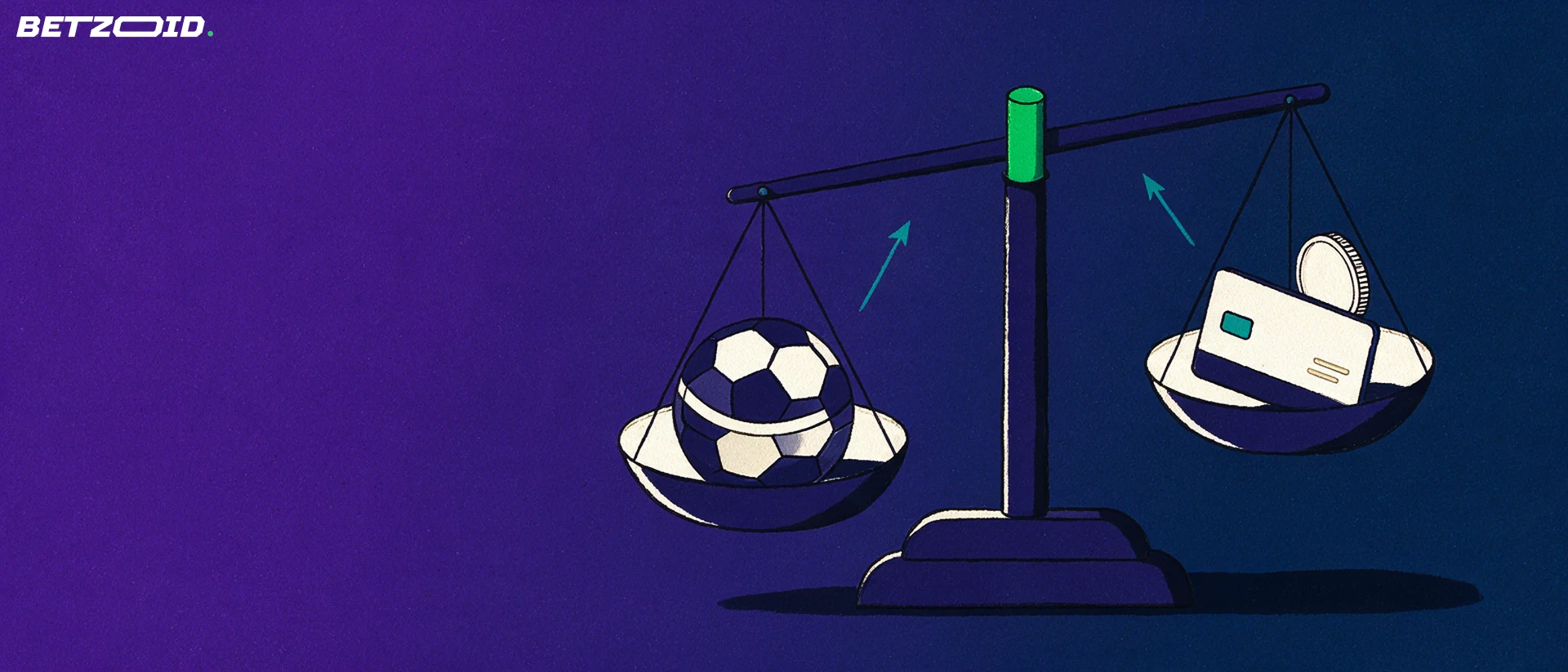 Ilustración de una balanza que compara un balón de fútbol en un platillo con una tarjeta de pago y una moneda en el otro.