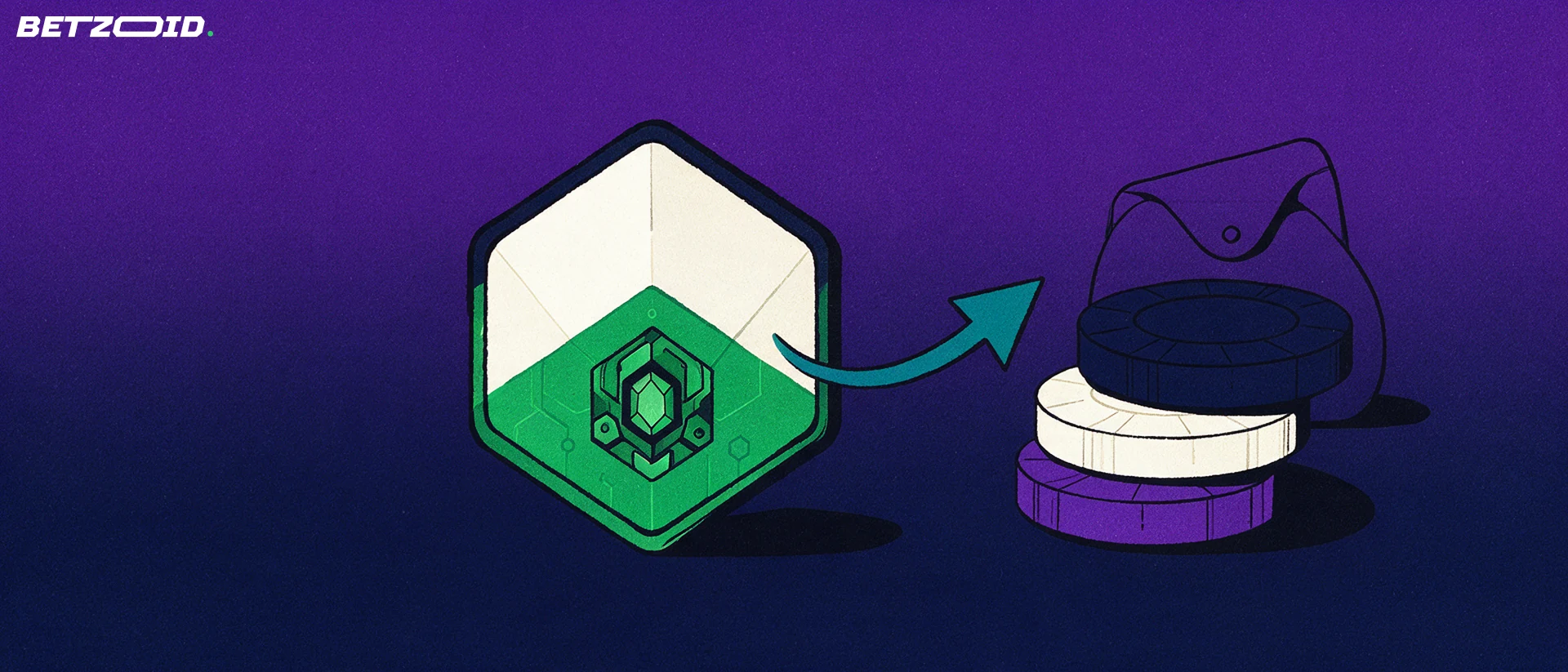 Ilustración de una ficha digital hexagonal con una flecha que apunta hacia un montón de fichas de casino y una cartera.