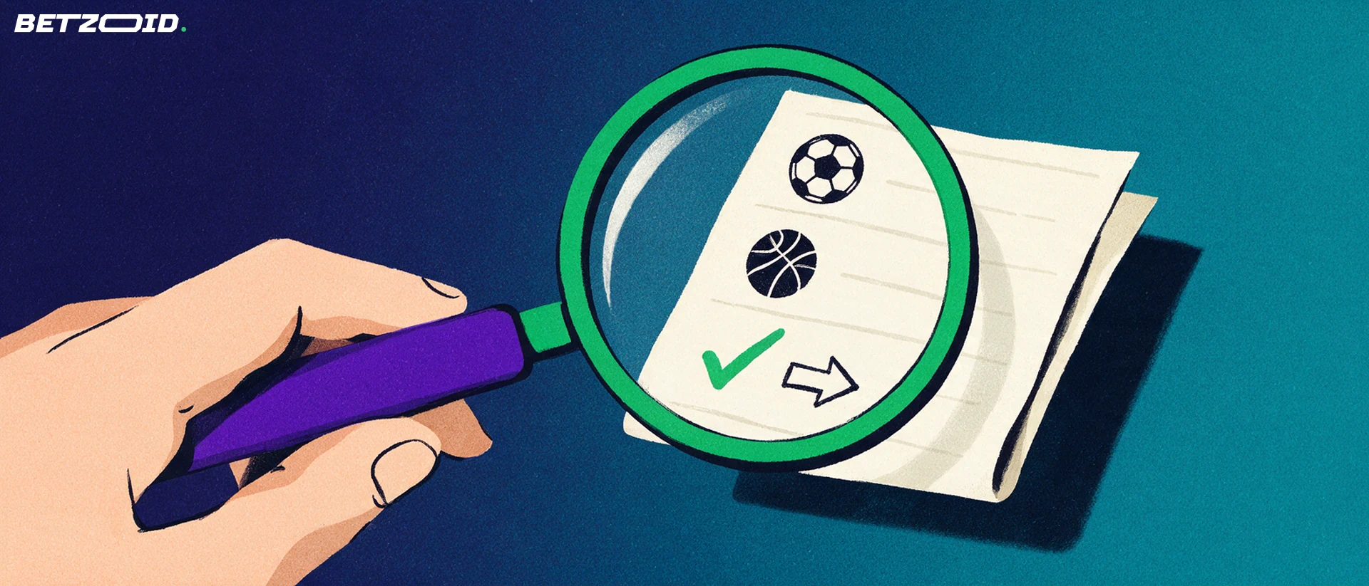 Ilustración de una lupa grande que amplía un boletín de apuestas deportivas con símbolos de balón de fútbol y baloncesto y una marca de verificación.