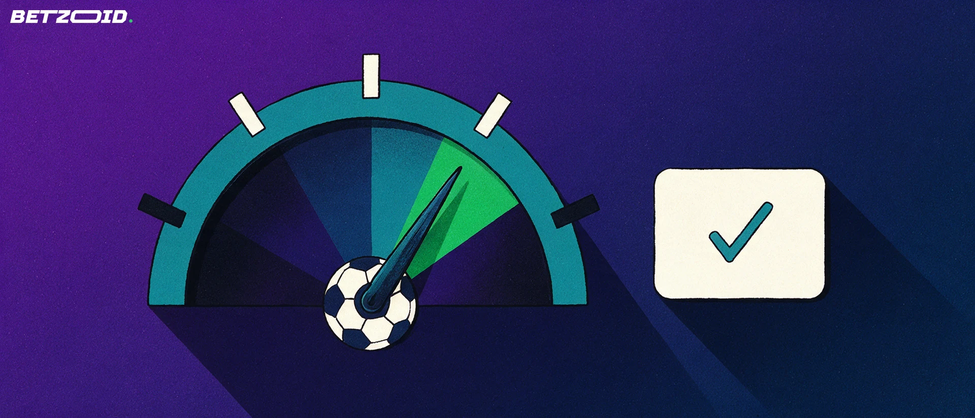 Ilustración de un dial semicircular de evaluación con aguja apuntando a la zona verde y un balón de fútbol como eje central, junto a una tarjeta con una marca de verificación.