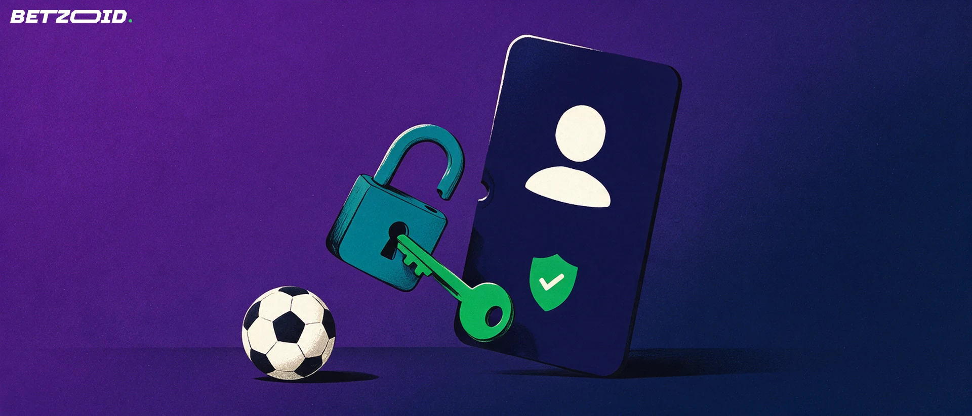 Ilustración de una tarjeta de cuenta con silueta de usuario y escudo, una llave abriendo un candado y un balón de fútbol debajo.
