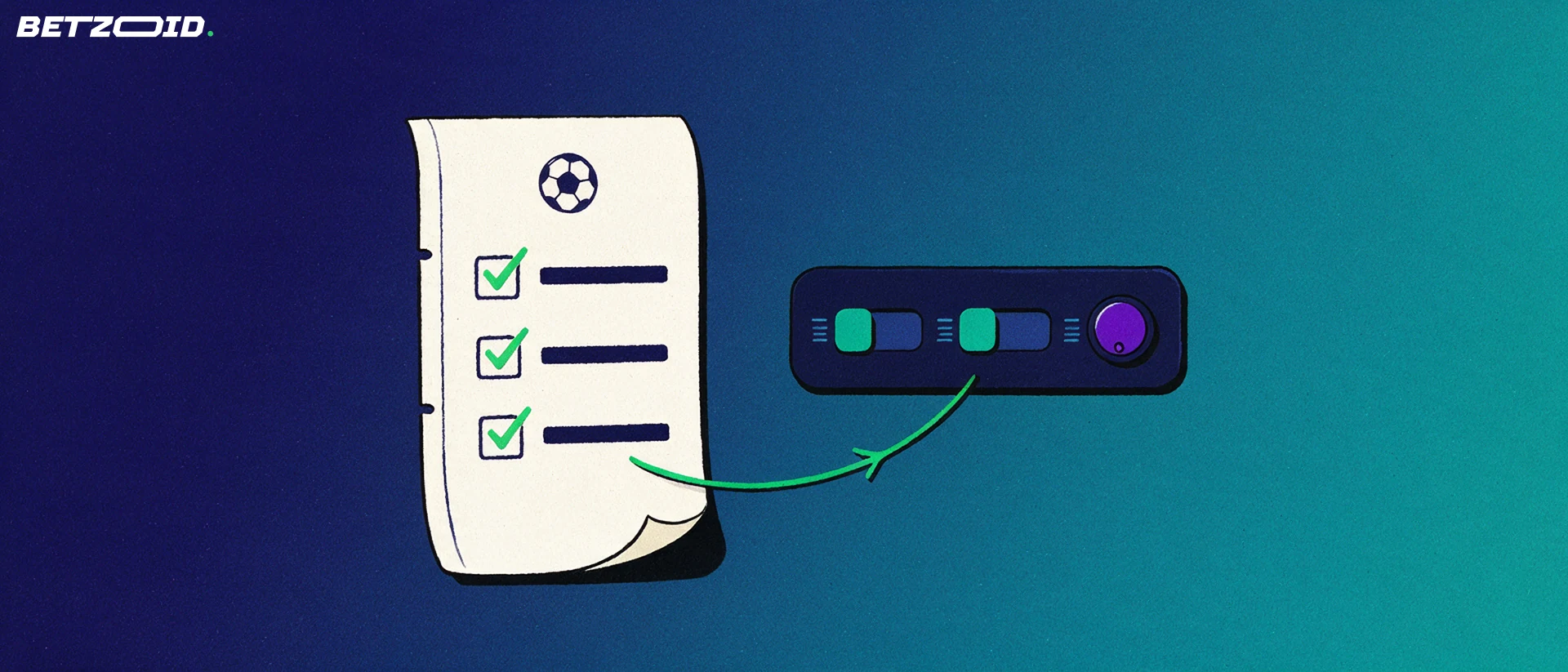 Ilustración de un boleto de apuestas con marcas de verificación junto a un panel con controles deslizantes y un dial, unidos por una flecha.