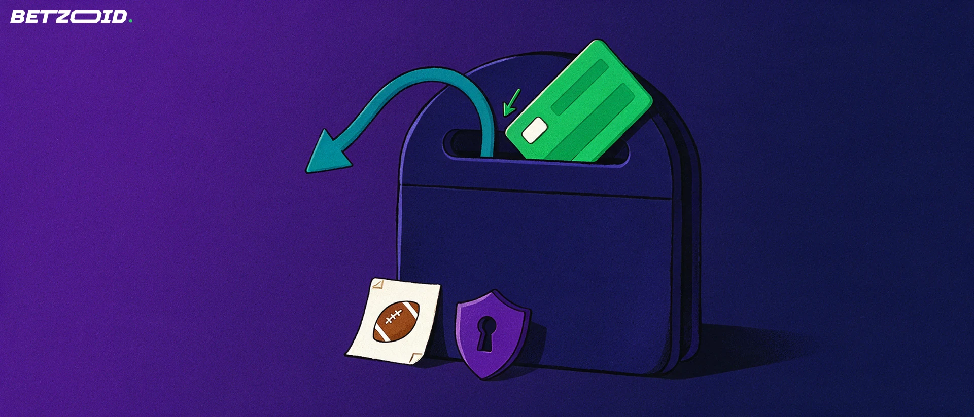 Ilustración de una cartera con ranura donde entra una tarjeta bancaria y de una flecha curva que sale hacia fuera, junto a un boleto con un balón y un escudo con cerradura.