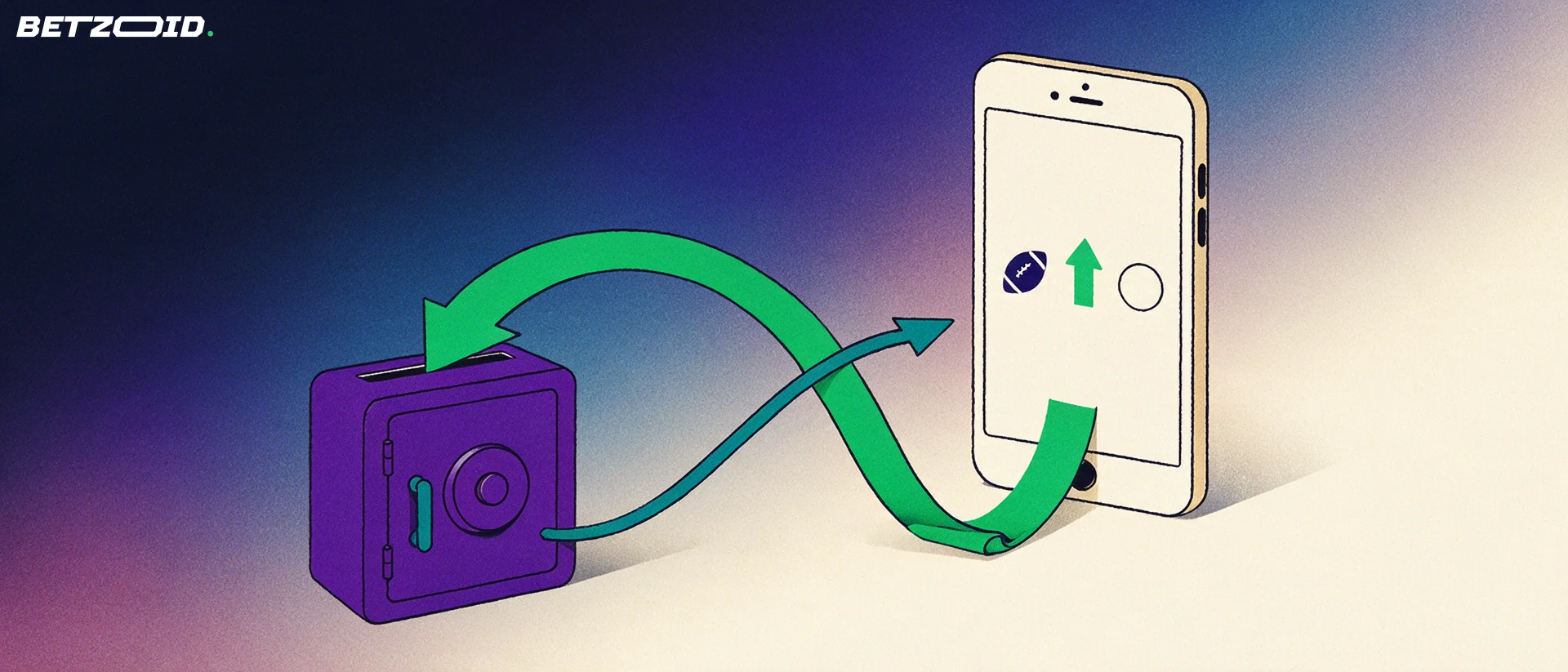 Illustration of a smartphone with sport and coin symbols linked by arrows to a deposit box