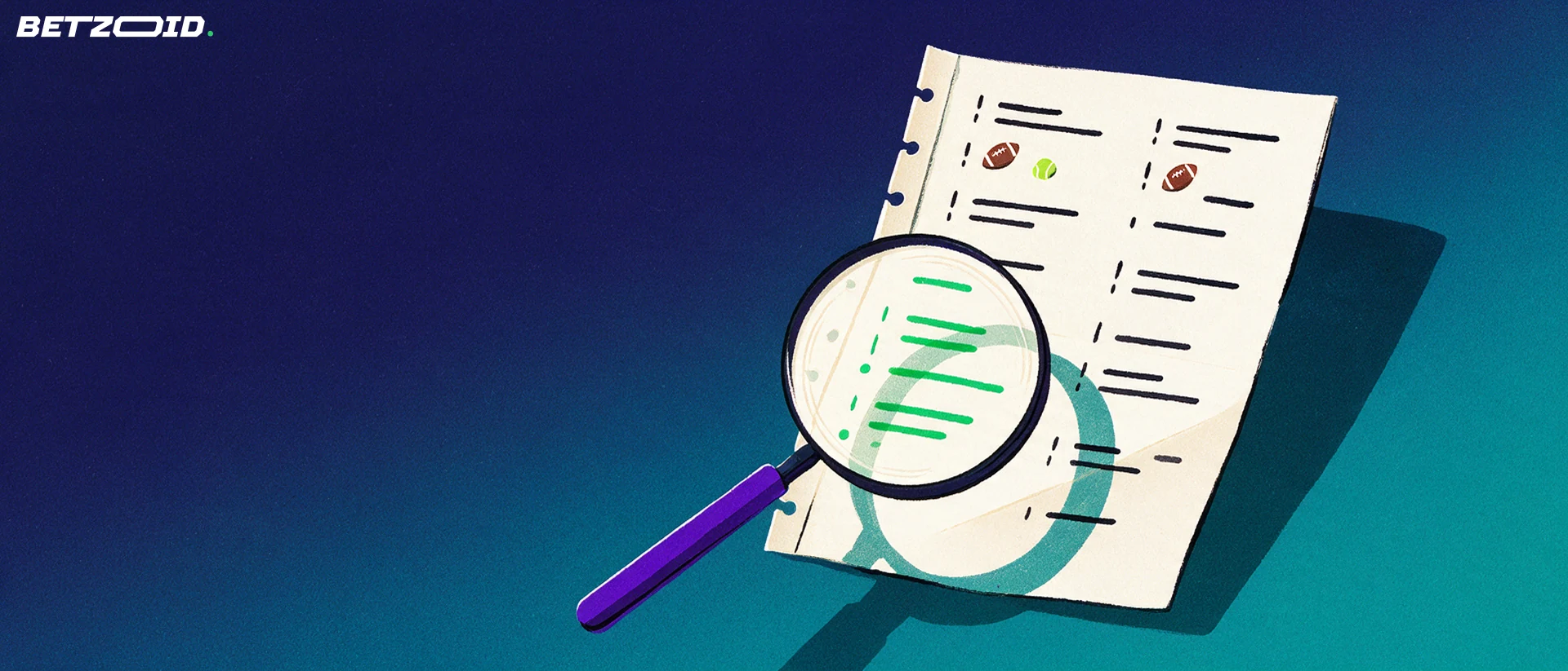 Ilustración de una lupa grande que examina un boletín de apuestas deportivas con marcas de verificación y pequeños iconos de balón de fútbol y pelota de tenis.