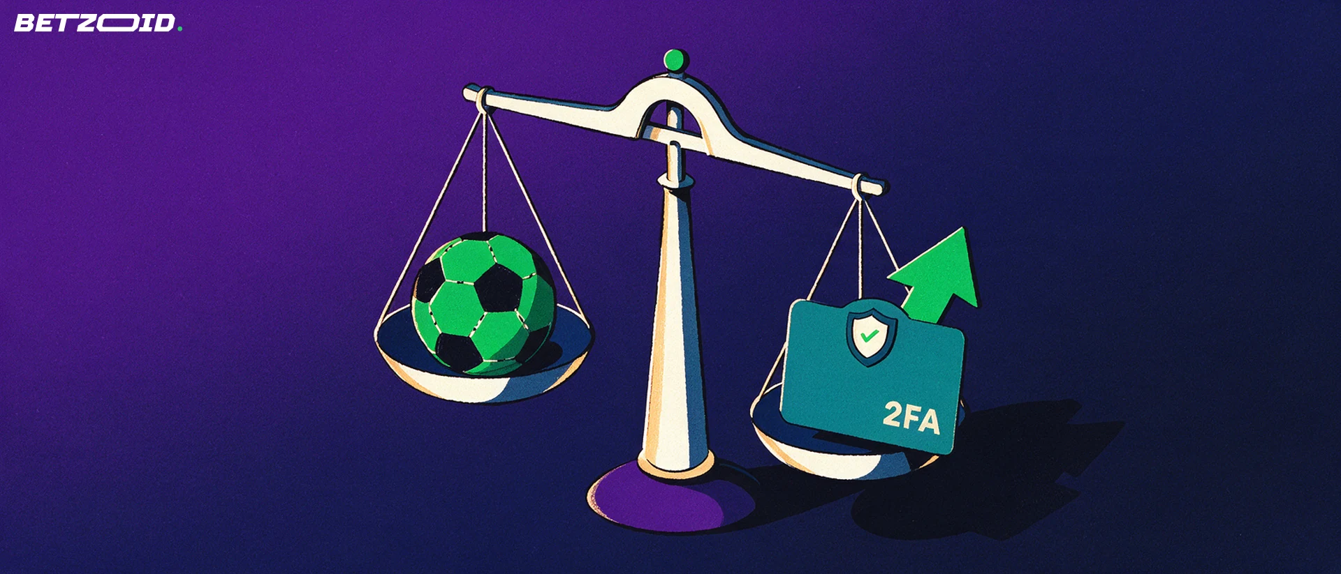Ilustración de una balanza que compara un balón de fútbol en un platillo con una tarjeta de pago, una flecha hacia arriba y un escudo con marca de verificación en el otro.