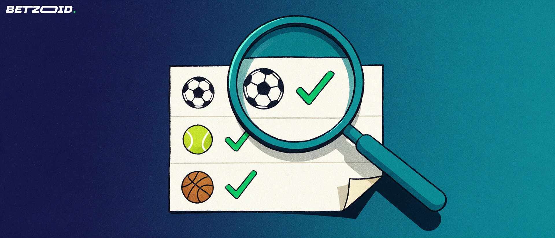 Ilustración de una lupa que amplía un boleto de apuestas deportivas con iconos de fútbol, tenis y baloncesto marcados con visto bueno.