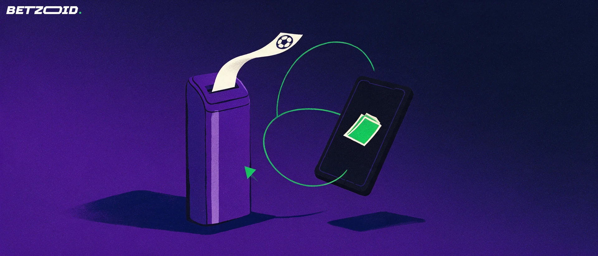 Ilustración de un terminal de pago morado del que sale un recibo con un balón de fútbol, junto a un dispositivo móvil con un icono de boleto de apuestas y una flecha verde.