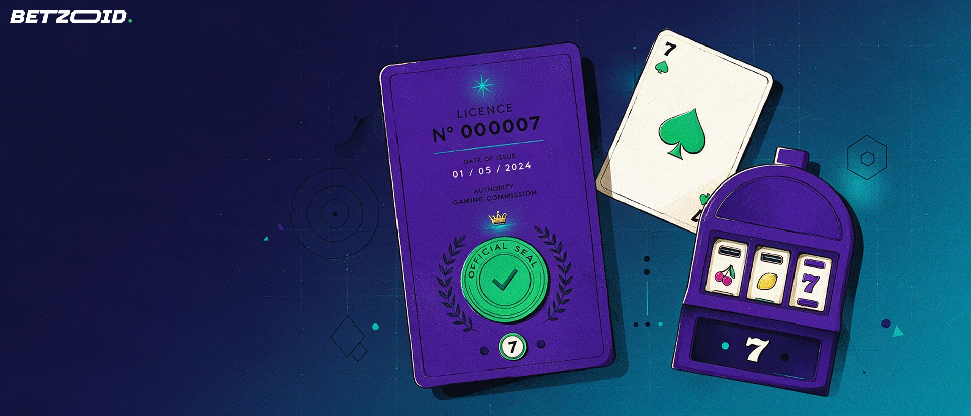 Ilustración de un certificado de licencia con sello verde junto a una carta de picas y una máquina tragaperras con símbolos sencillos.
