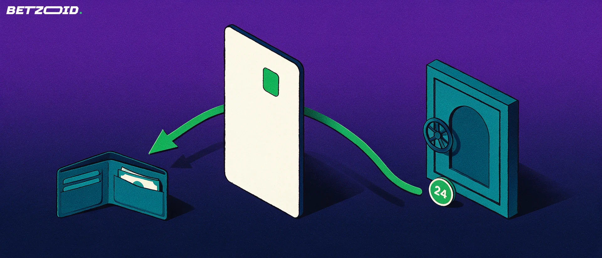 Ilustración de una tarjeta bancaria, una caja fuerte de casino y una flecha verde que apunta hacia una cartera abierta, con una insignia con el número 24.