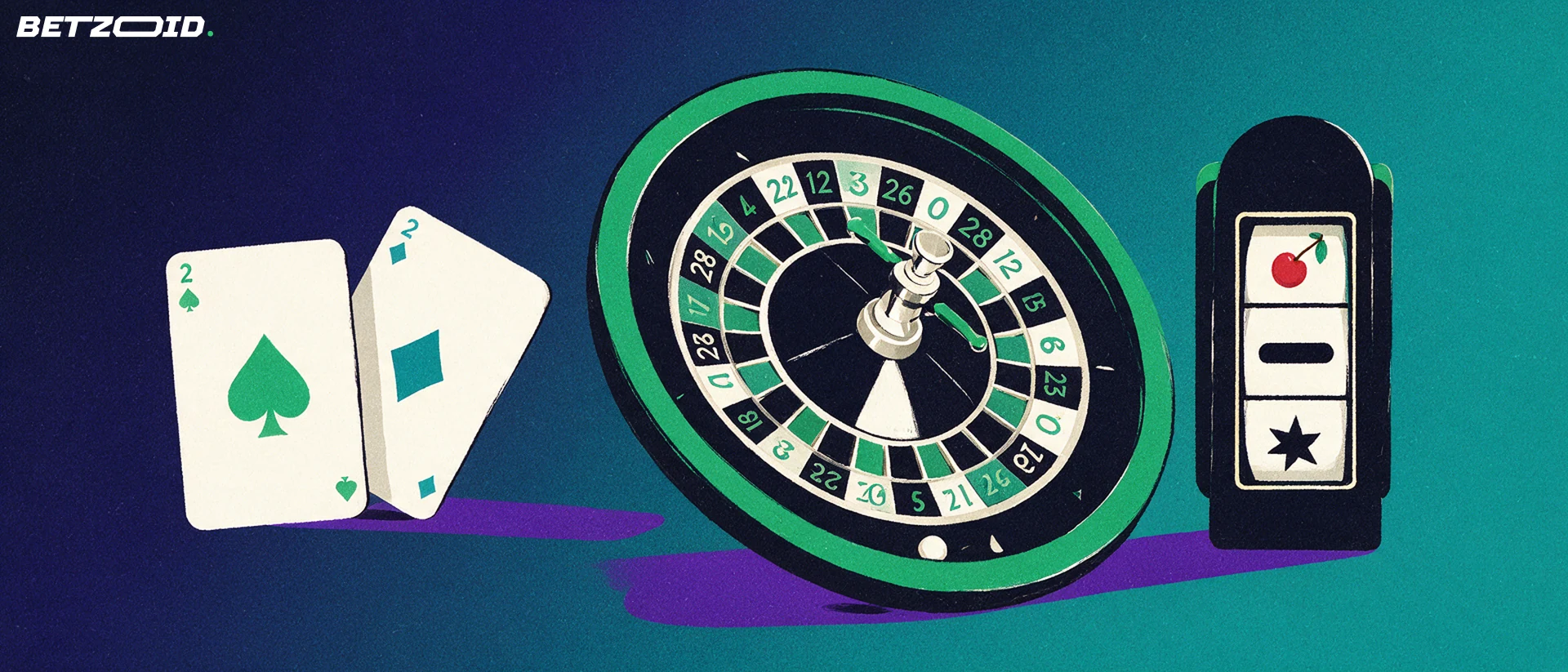 Ilustración de una ruleta inclinada junto a un tambor de máquina tragaperras y dos cartas de juego con símbolos de picas y diamantes.