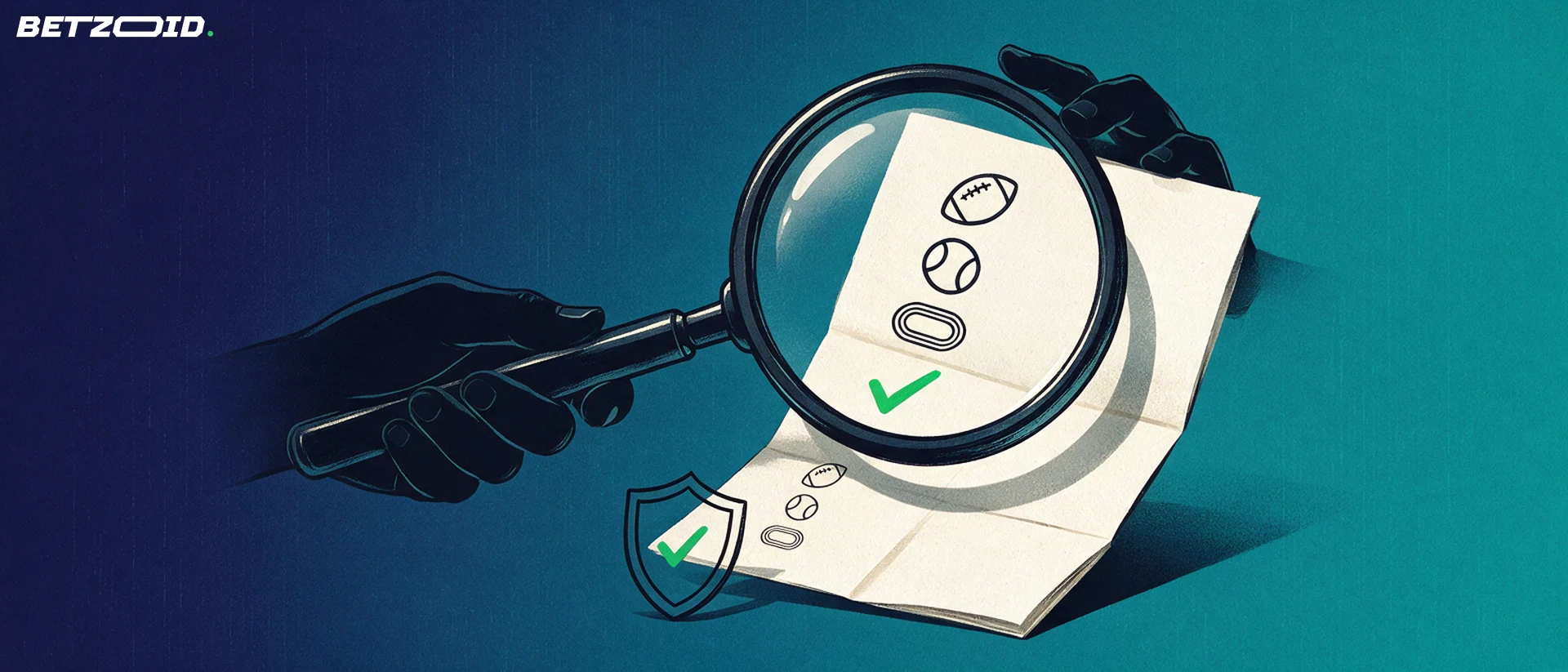 Ilustración de una gran lupa sobre un boletín de apuestas con símbolos deportivos y una marca de verificación