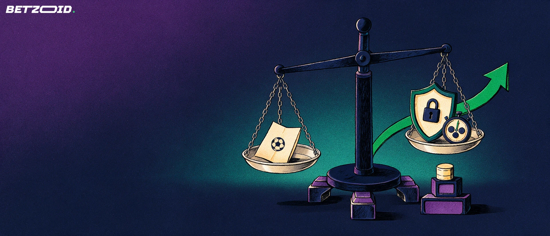 Ilustración de una balanza que compara un boletín de apuestas deportivas con un escudo con candado y un cronómetro