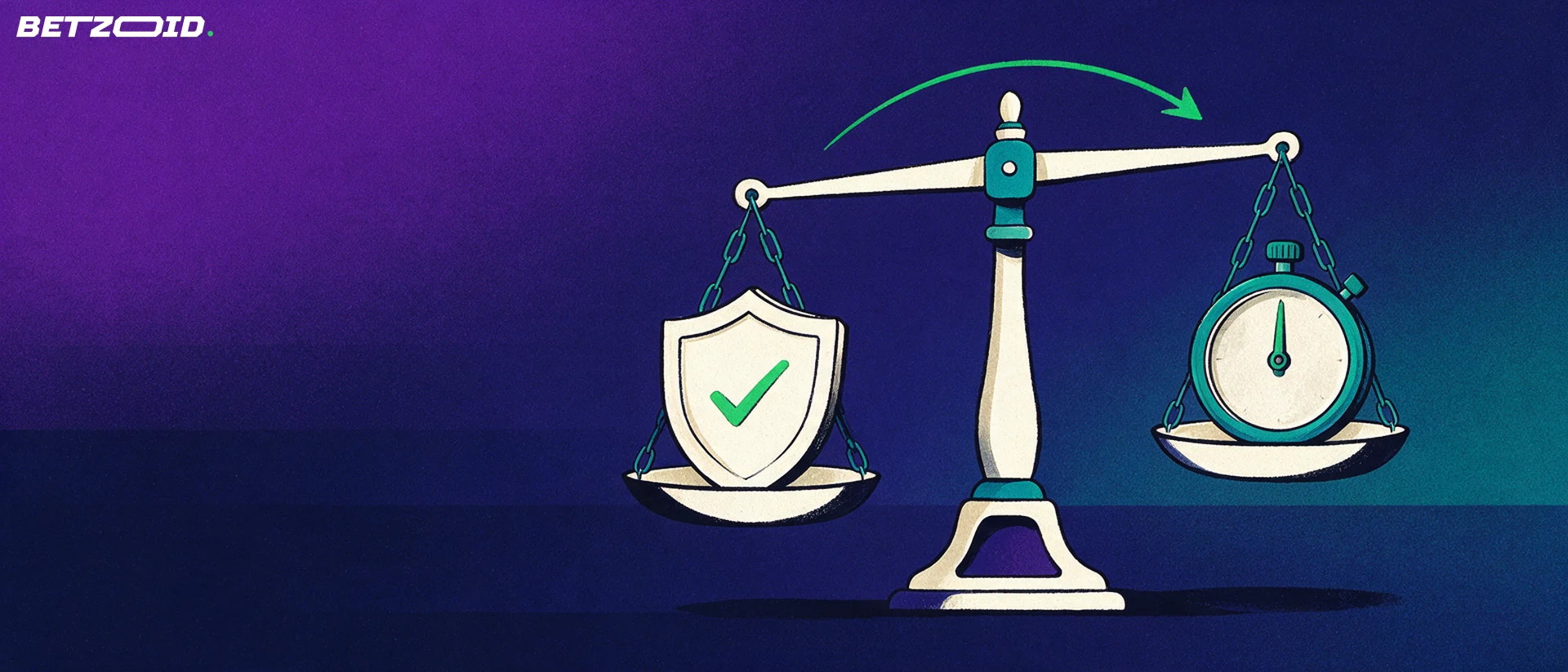 Ilustración de una balanza equilibrada que sostiene un escudo con marca de verificación en un platillo y un cronómetro en el otro.