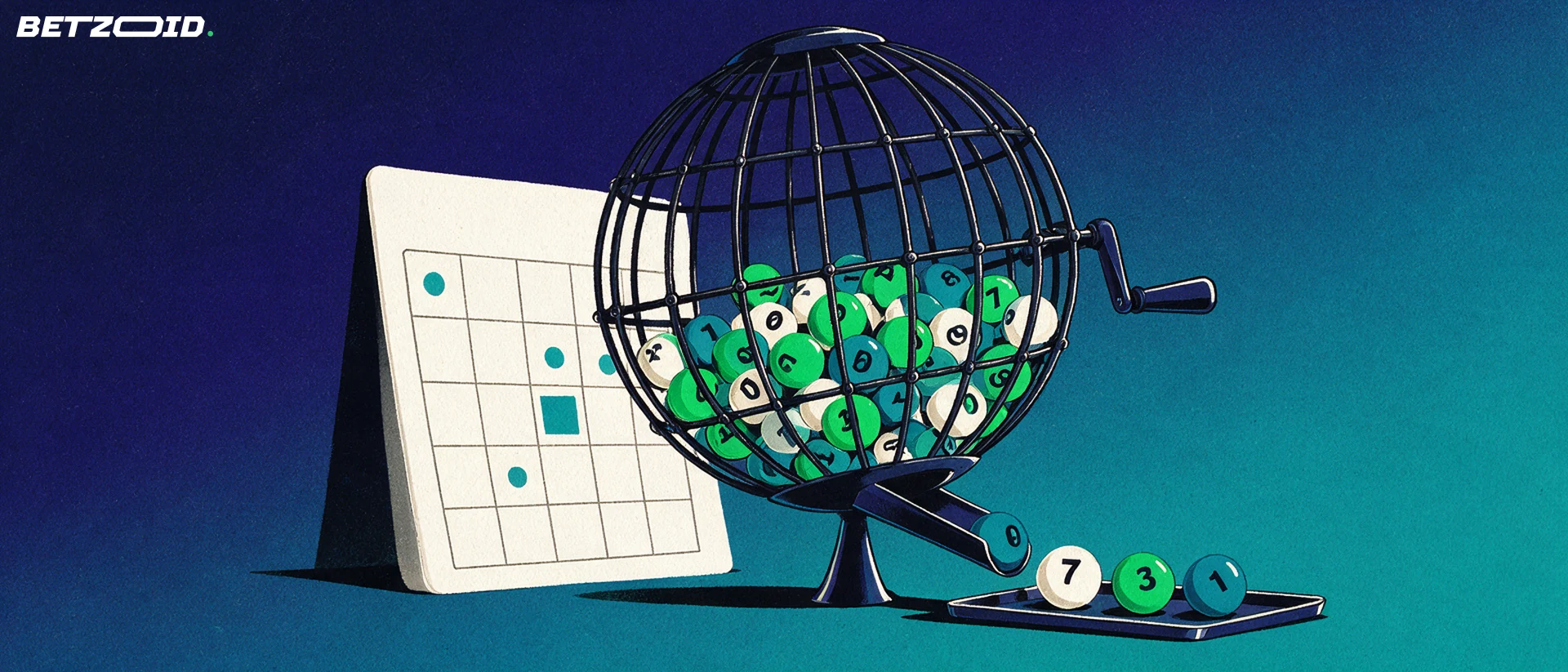 Ilustración de un bombo de bingo con bolas numeradas y un cartón de bingo apoyado detrás.