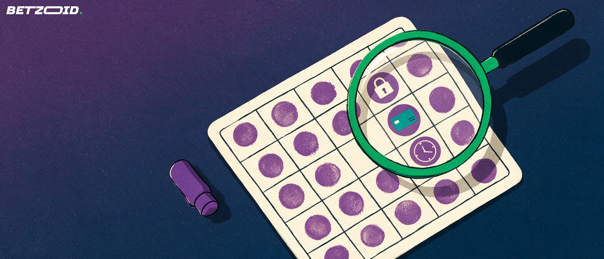Ilustración de una lupa sobre un cartón de bingo que amplía iconos de candado, tarjeta y reloj, junto a un marcador.