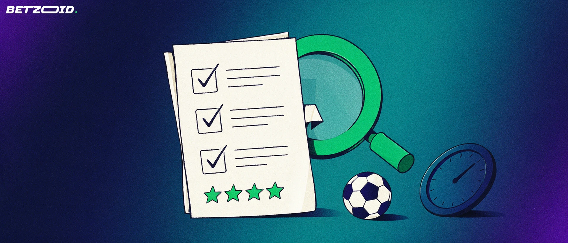 Ilustración de un boleto de apuestas con marcas de verificación y estrellas, examinado por una gran lupa junto a un balón de fútbol.