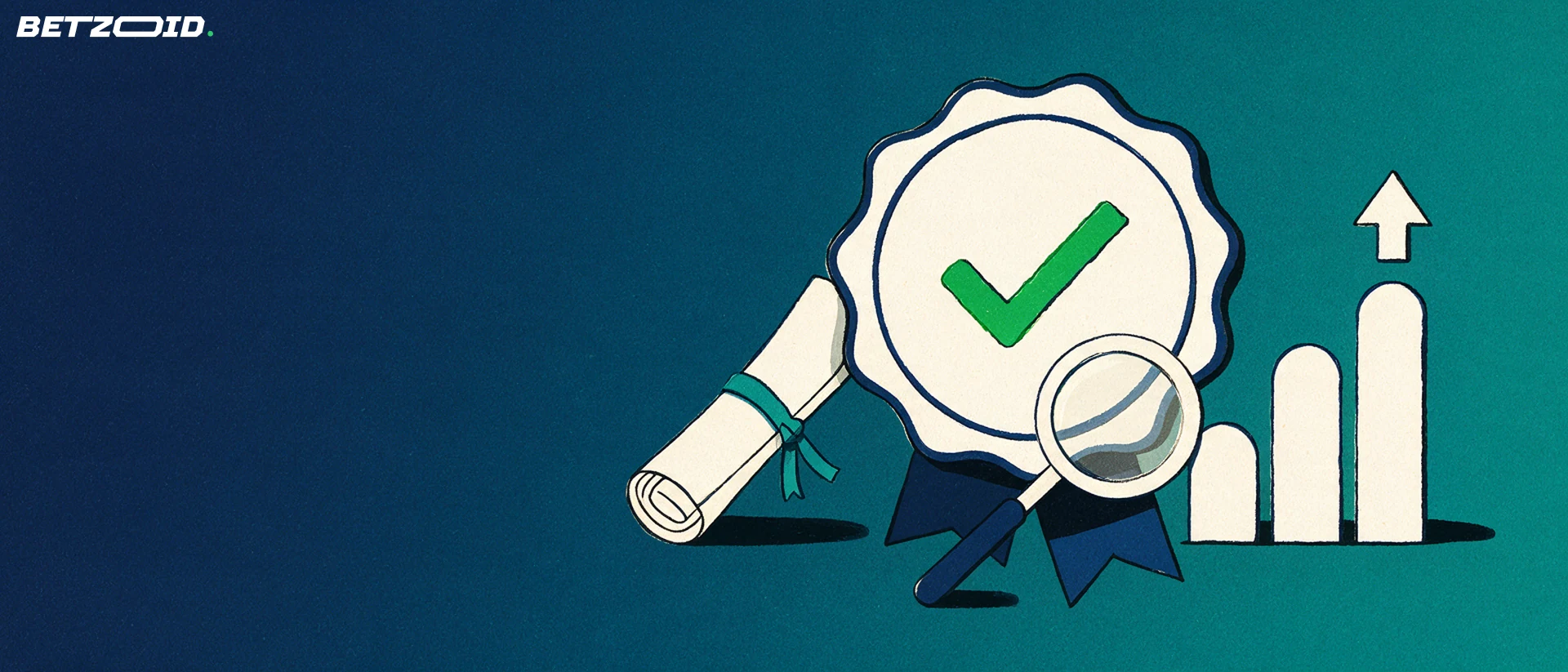 Ilustración de un sello de licencia con forma de escudo, un certificado enrollado, una lupa y barras ascendentes con flecha que representan las cuotas.