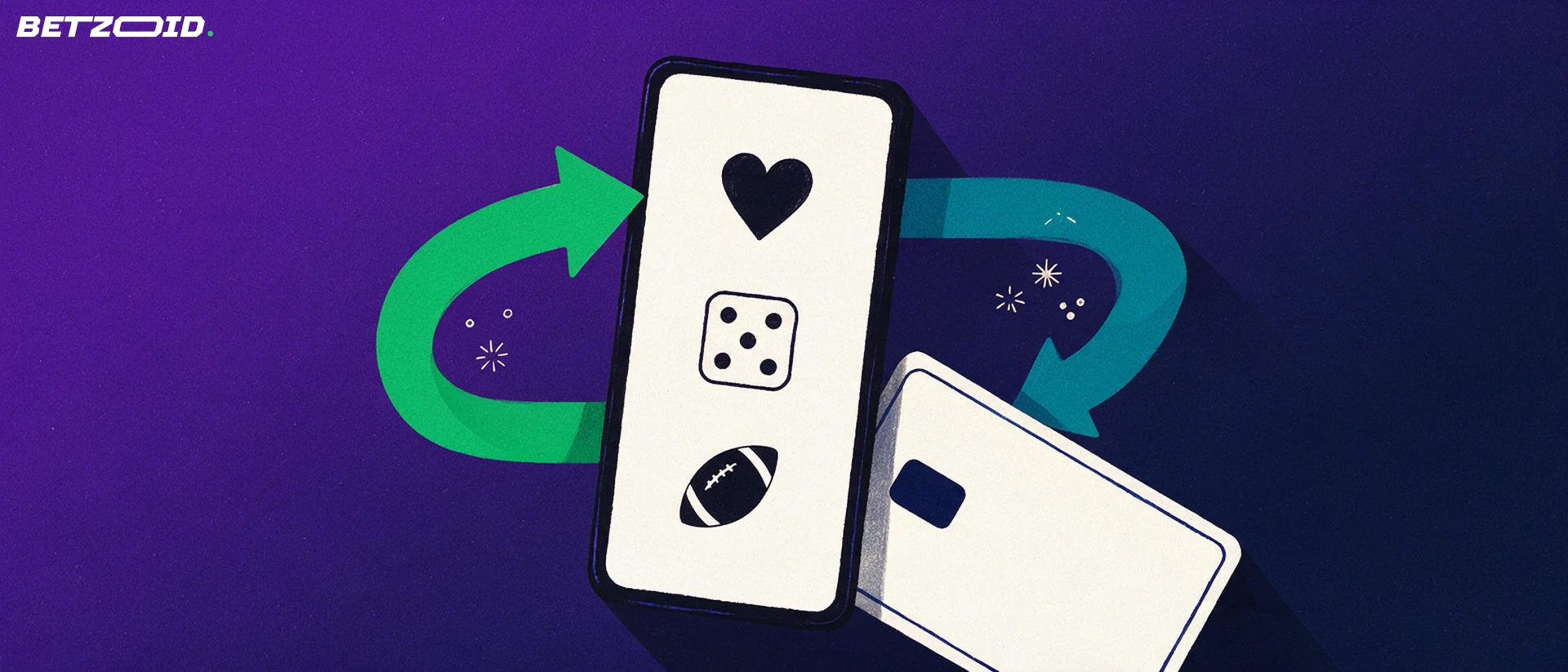 Ilustración de un teléfono móvil con iconos sencillos de juego y deporte, una tarjeta bancaria sin marca y dos flechas curvas de ida y vuelta que sugieren depósitos y retiros.