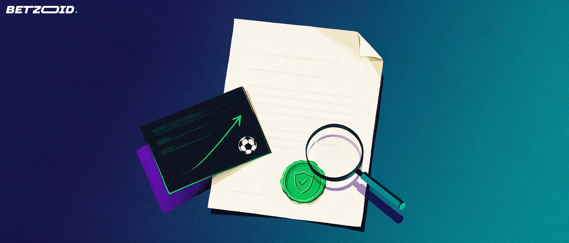 Ilustración de un certificado de licencia con sello verde y lupa junto a un boletín de apuestas con una flecha ascendente de cuotas.