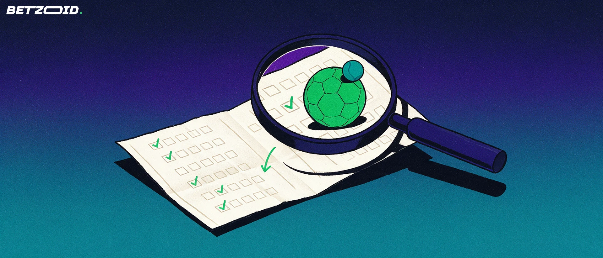 Ilustración de una lupa que examina un boletín de apuestas deportivas con marcas de verificación y un balón de fútbol.