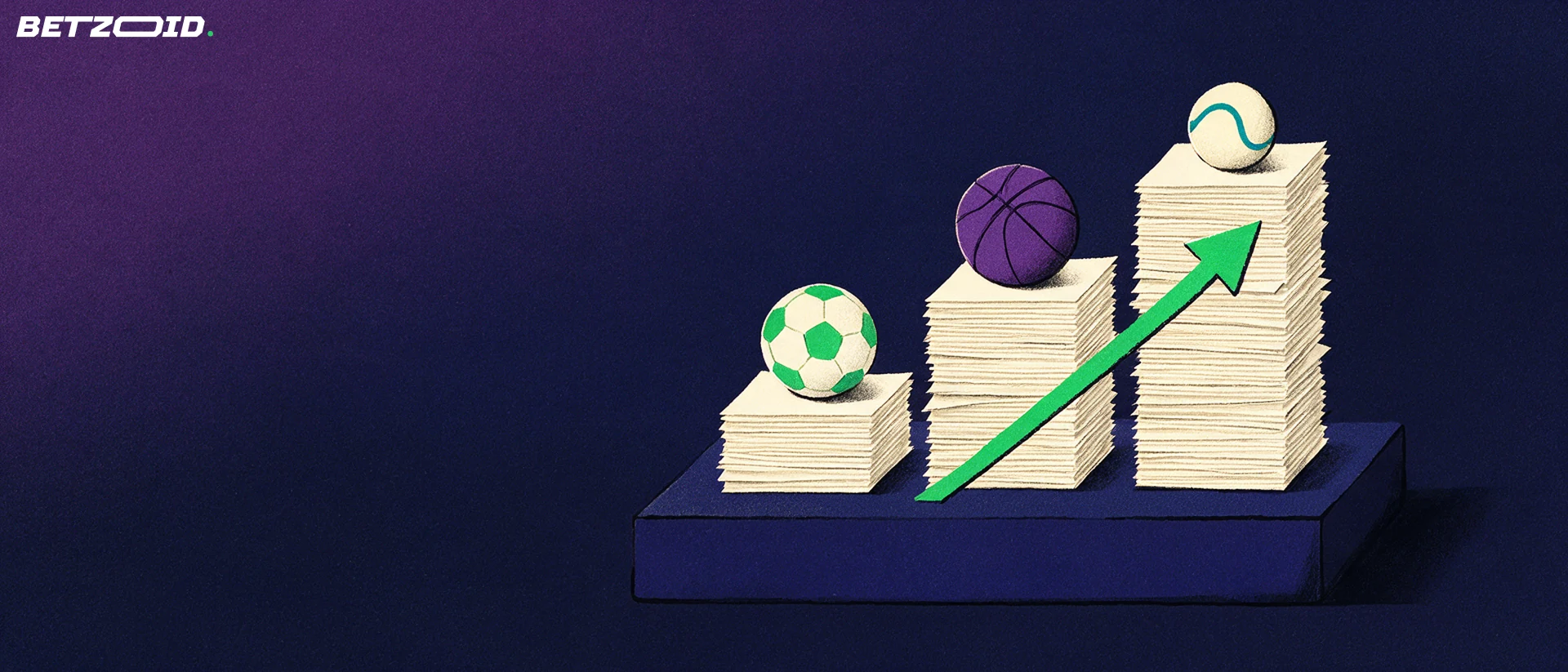 Ilustración de tres columnas de boletines de apuestas de distinta altura coronadas por un balón de fútbol, uno de baloncesto y una pelota de tenis, con una flecha ascendente.