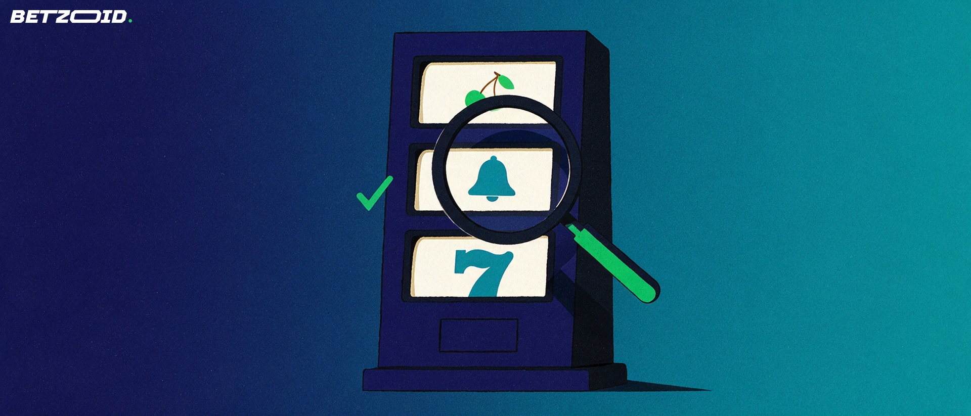Ilustración de una máquina de ruleta de rodillos con símbolos simples examinada por una gran lupa con una marca de verificación.