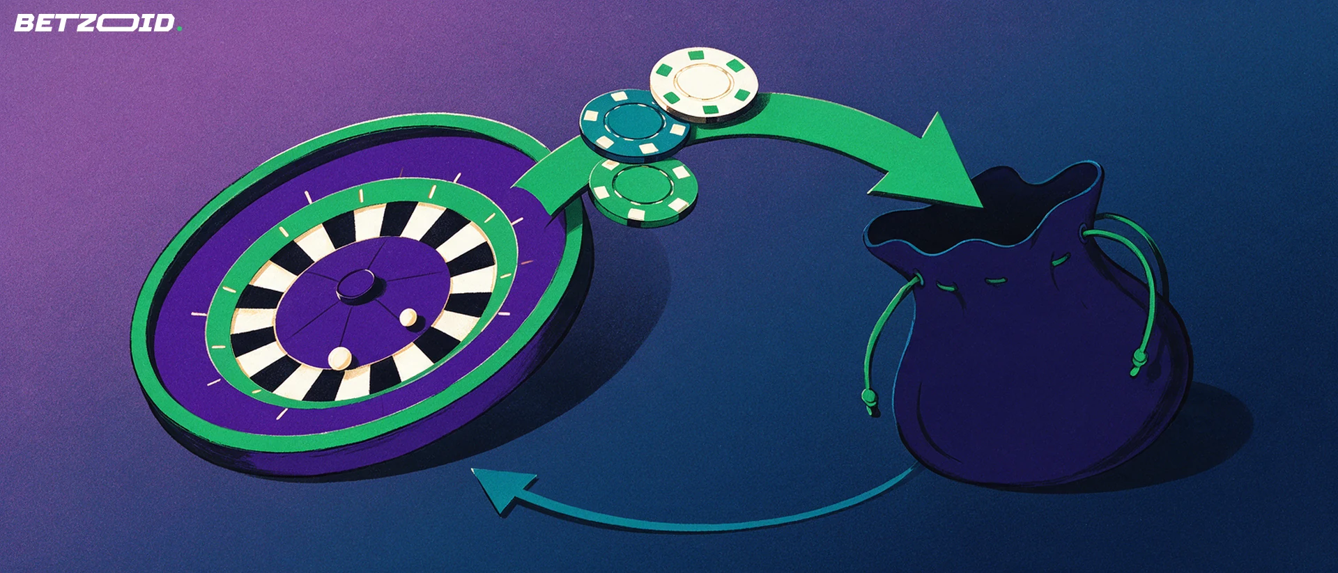Ilustración de una ruleta inclinada cuyas fichas viajan por una flecha curva hacia una cartera, con otra flecha de regreso.