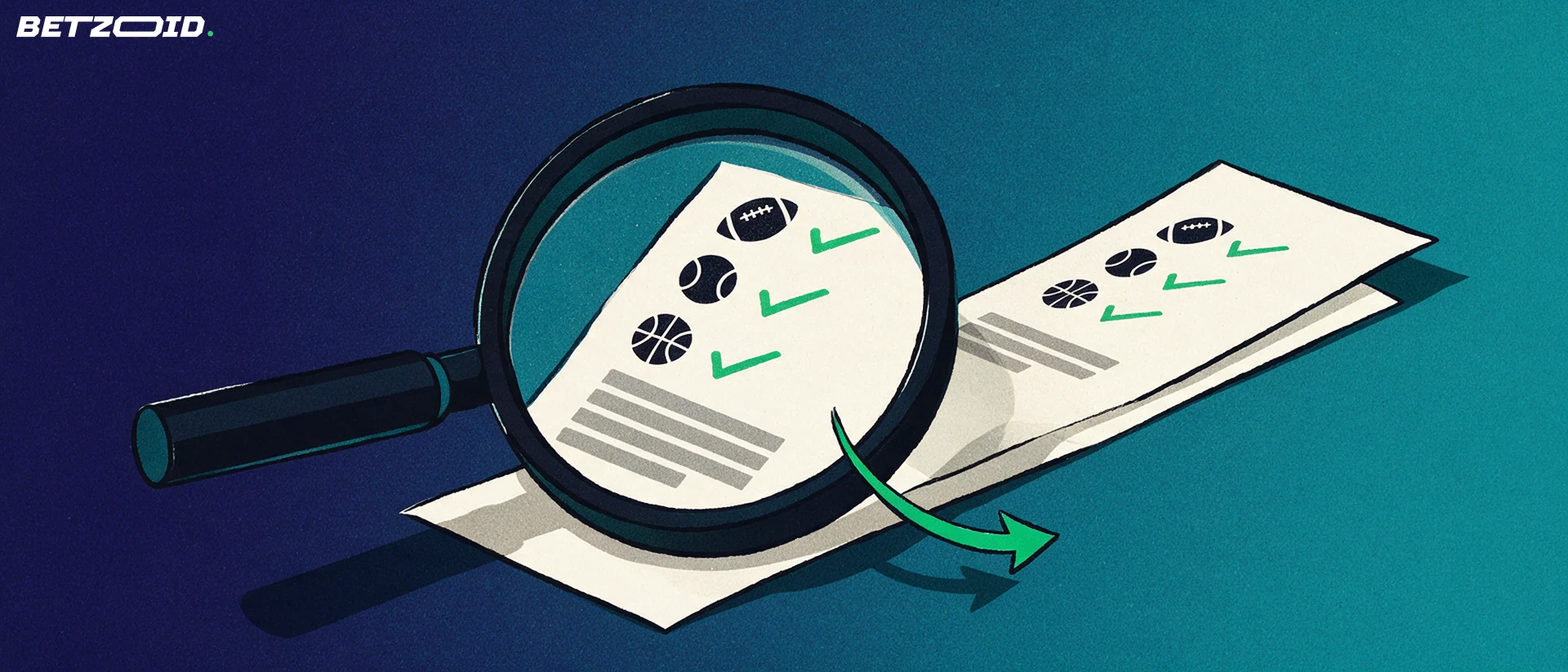 Ilustración de una lupa que amplía un boletín de apuestas con iconos de fútbol, tenis y baloncesto marcados con visto bueno