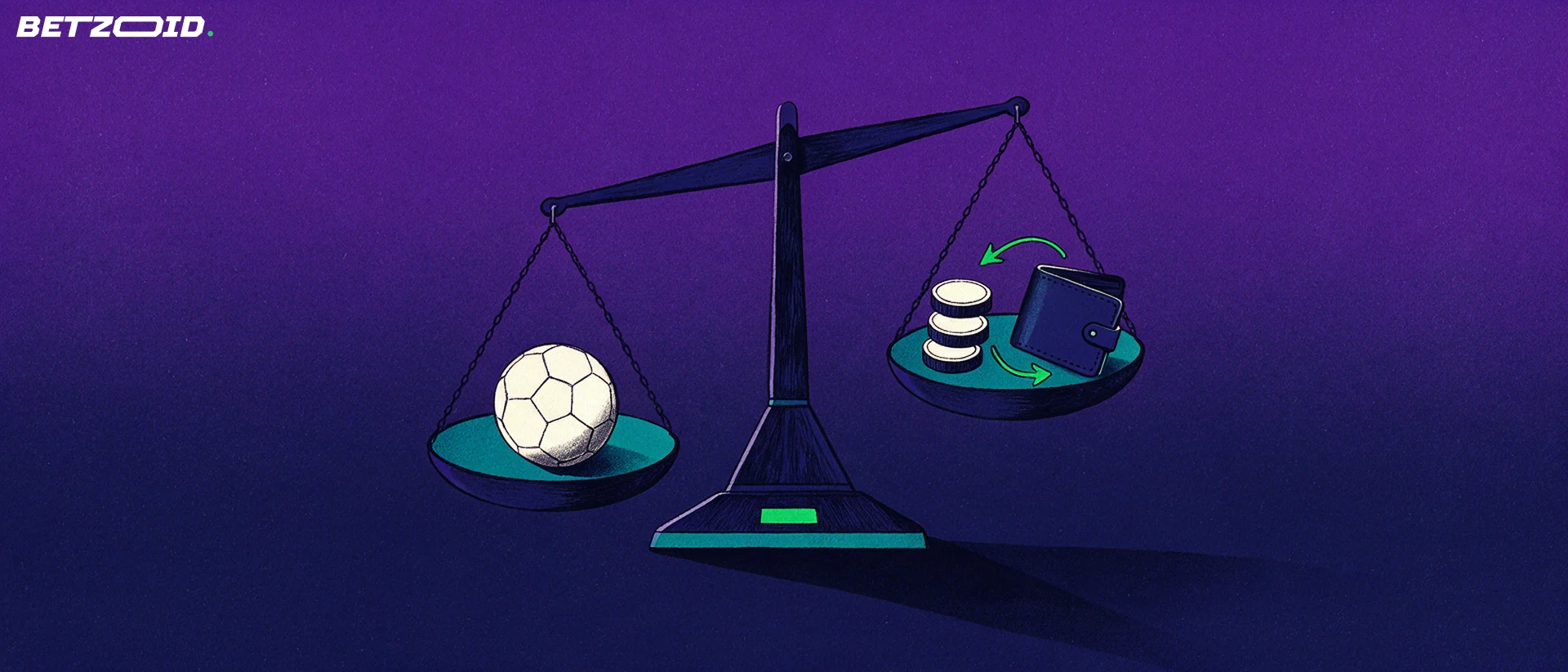 Ilustración de una balanza que compara un balón de fútbol con una cartera y fichas, con flechas verdes de entrada y salida de dinero