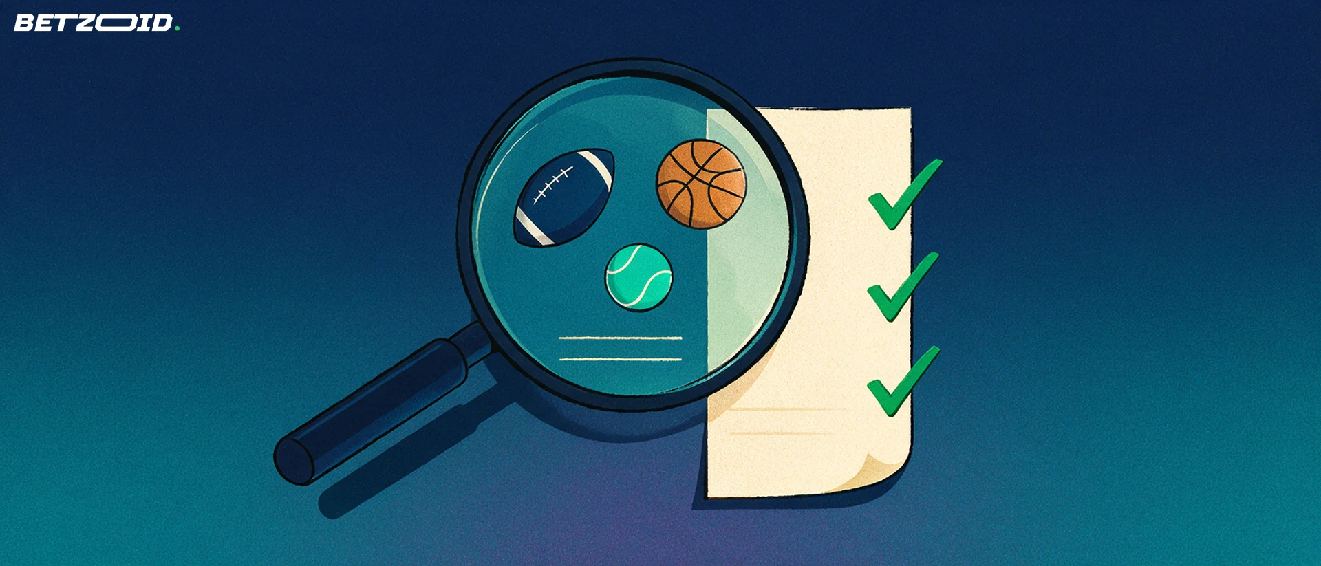 Ilustración de una lupa grande sobre un boletín de apuestas de papel con símbolos de fútbol, baloncesto y tenis ampliados y sellos de verificación verdes.