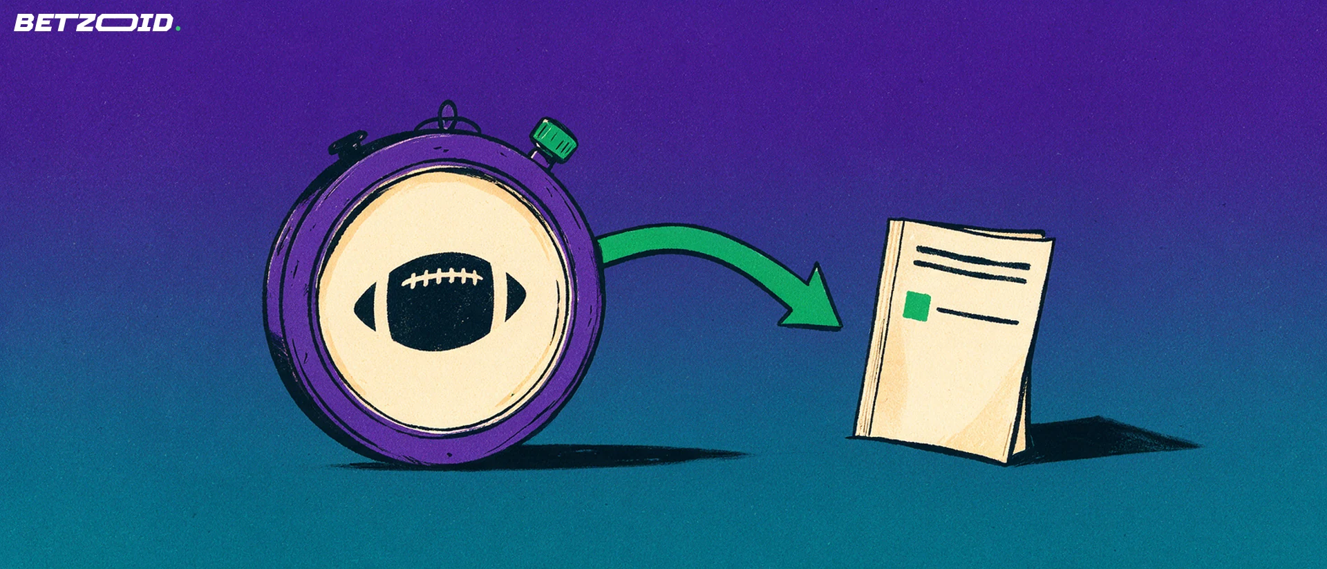 Ilustración de un cronómetro grande con un balón de fútbol en su esfera y una flecha verde que apunta hacia un pequeño boletín de apuestas de papel.