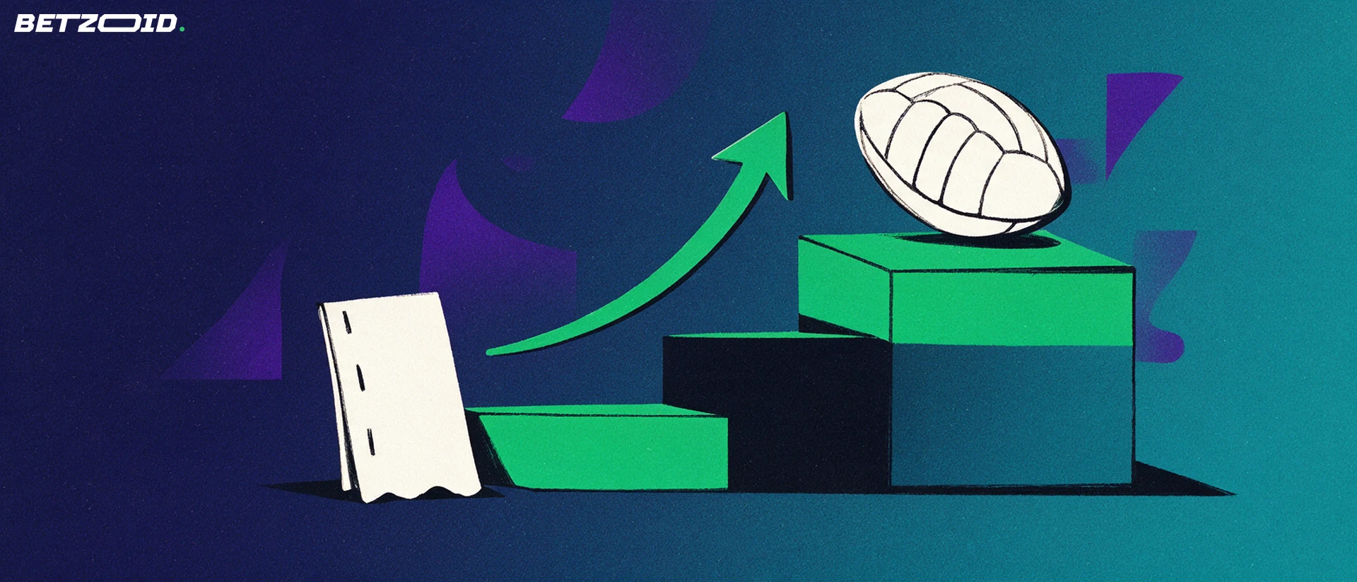 Illustration of a football on a stepped platform with an upward arrow and a plain folded betting slip.