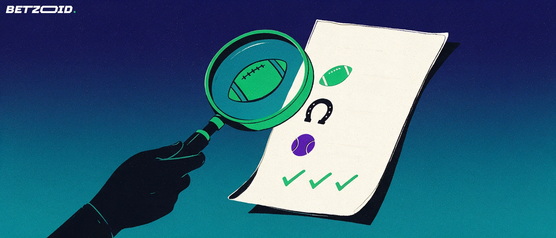 Illustration of a magnifying glass inspecting a paper betting slip marked with football, horseshoe and tennis symbols.