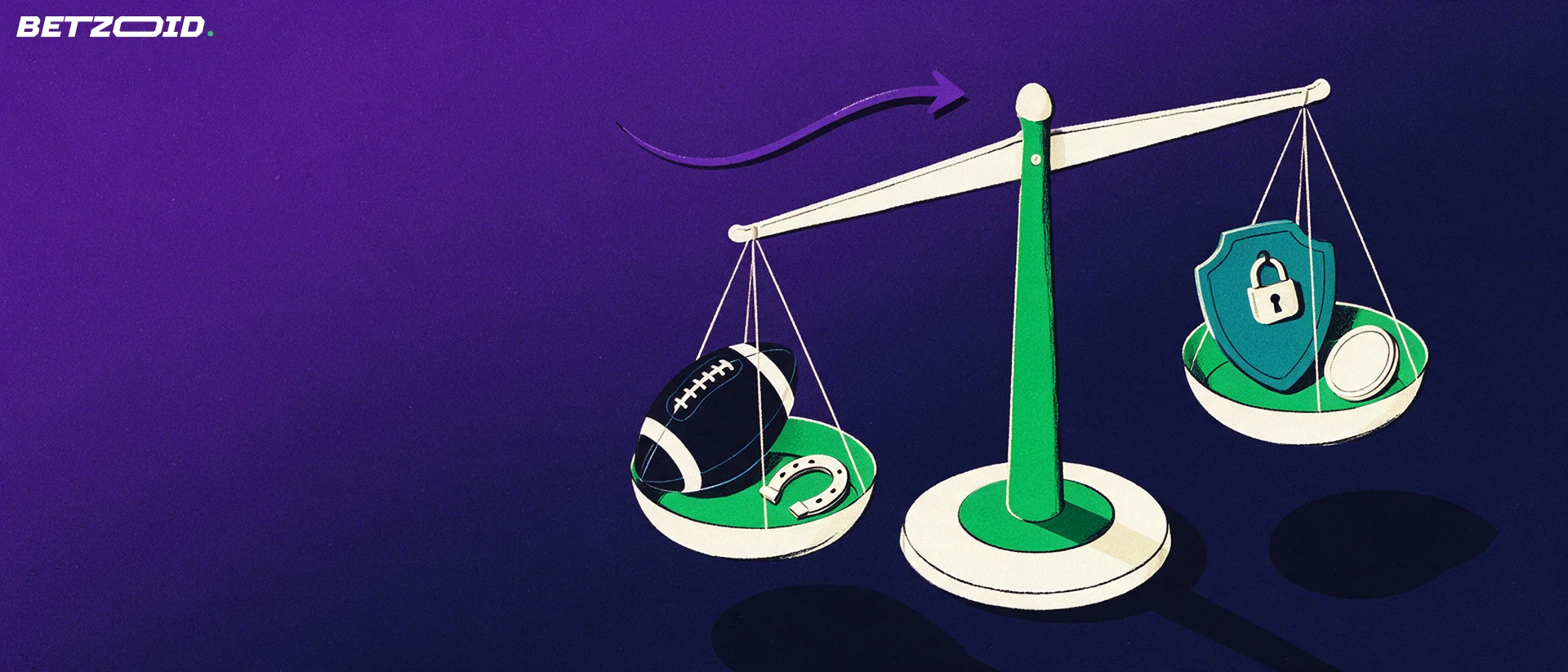Illustration of a balance scale weighing a football and horseshoe against a padlocked shield and a plain token.
