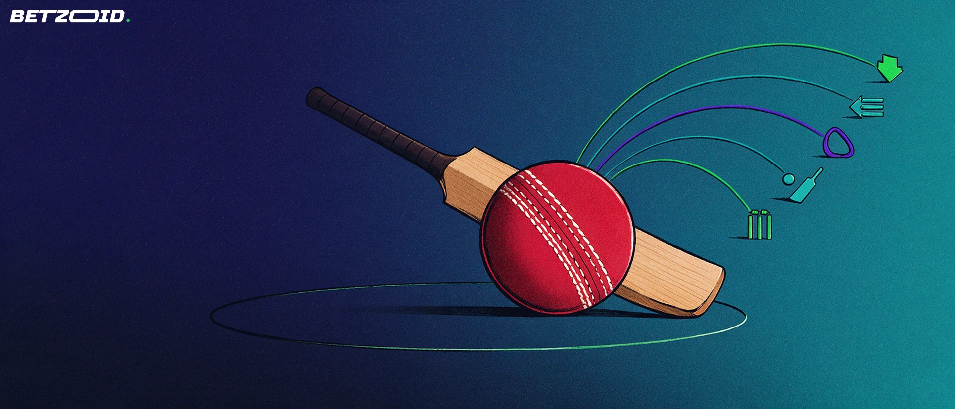 Illustration of a cricket ball and bat with a fan of arcs ending in wicket, boundary and runs symbols, suggesting cricket betting markets.