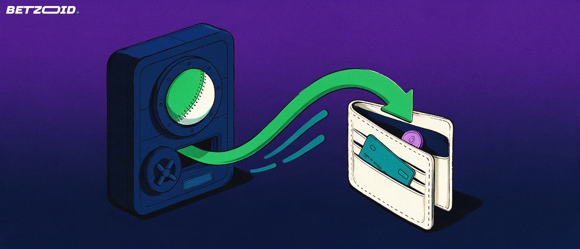 Illustration of a vault with a cricket-ball dial sending a green arrow of funds into an open wallet with a card, representing betting payouts.