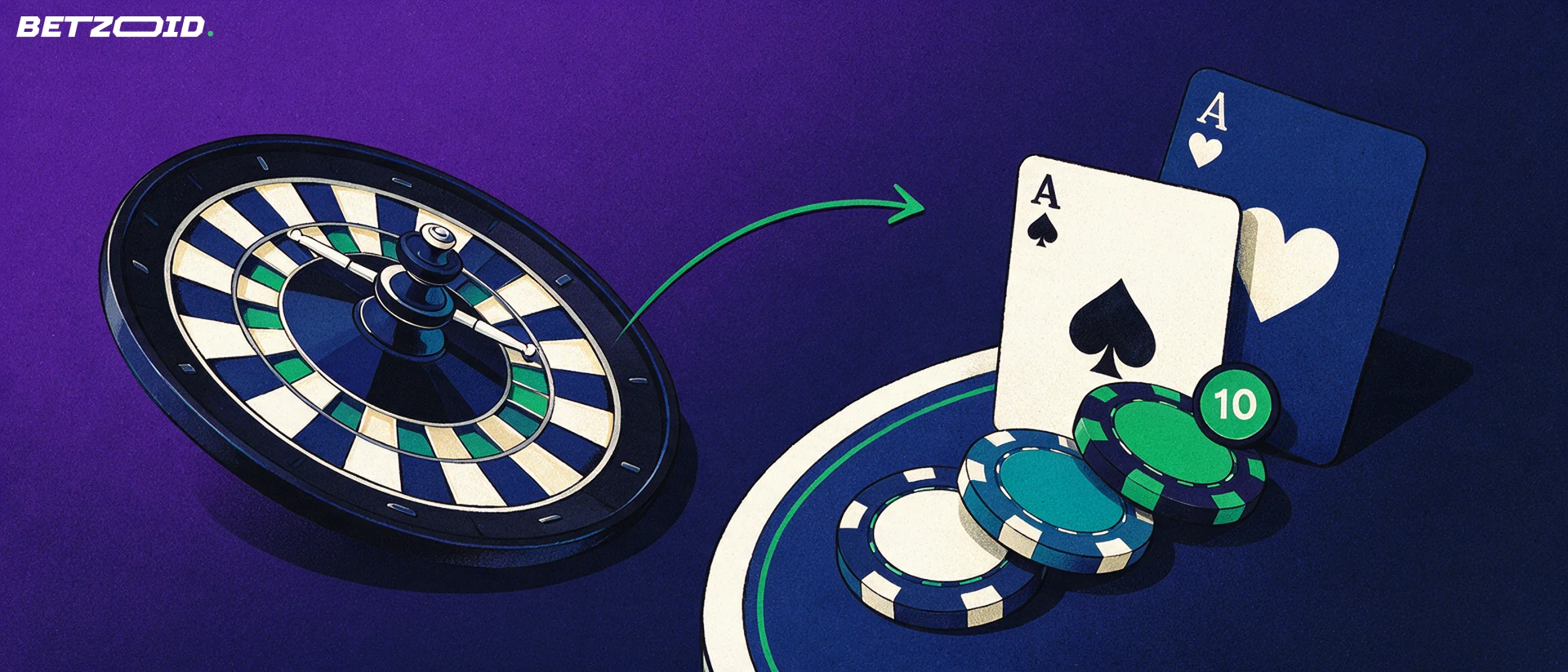 Ilustración de una ruleta inclinada, dos cartas y fichas de casino unidas por una flecha verde hacia una insignia redonda con el número 10.